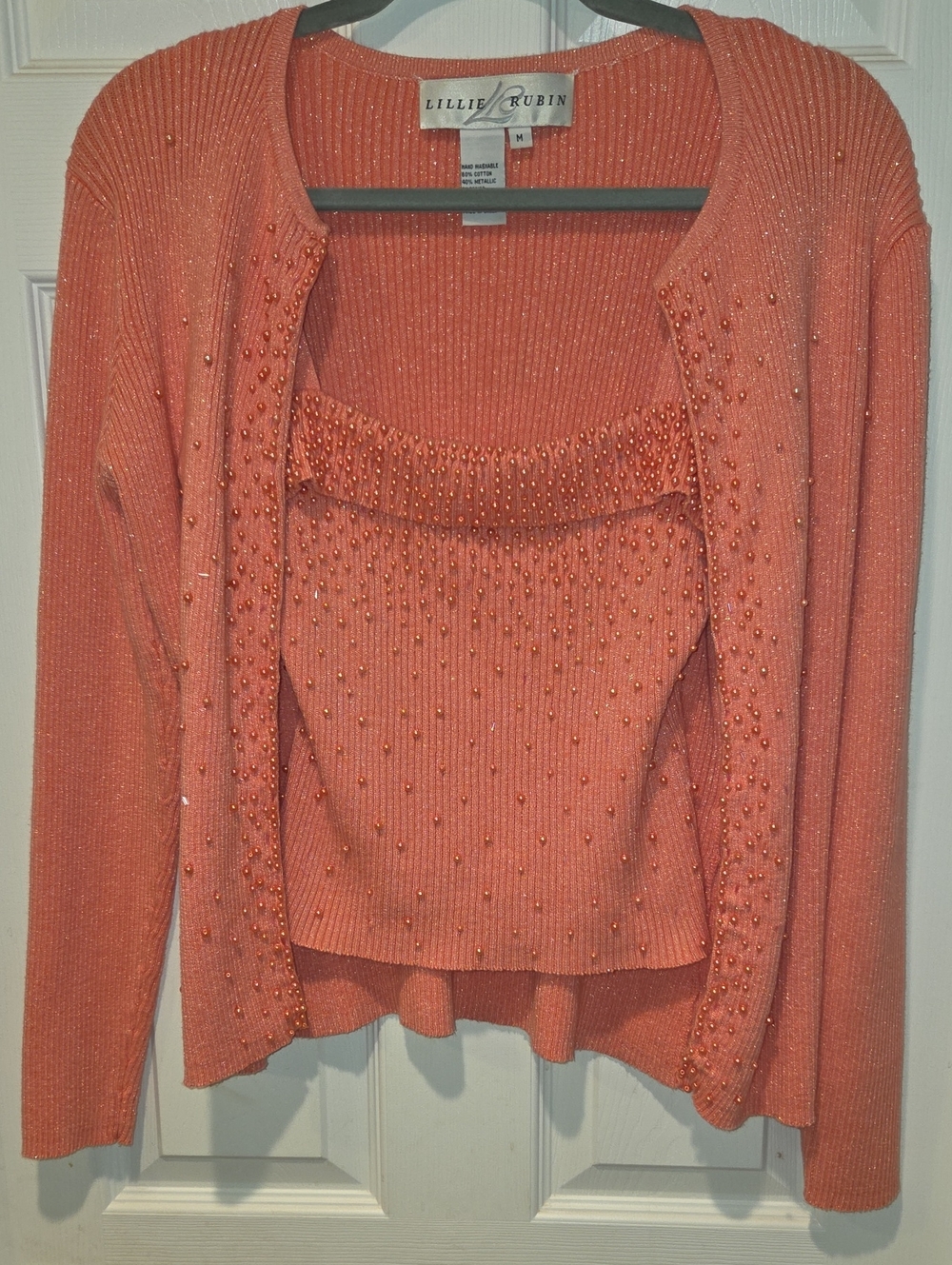 Lillie Rubin Coral Beaded Knit Sweater and Cami Set Size M "Like New"
